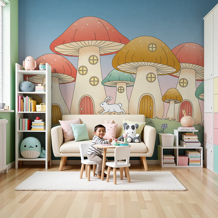 Papel pintado infantil | Casitas de setas coloradas con un conejo travieso