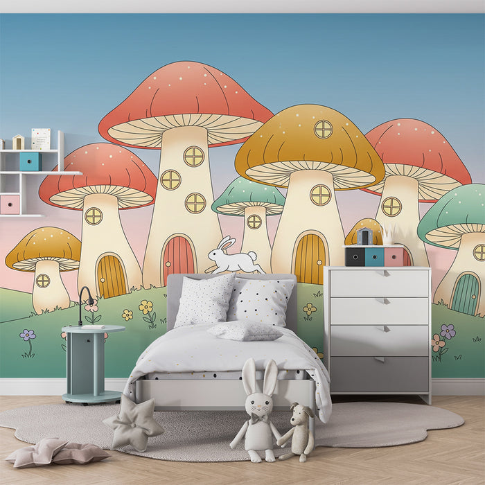 Papel pintado infantil | Casitas de setas coloradas con un conejo travieso