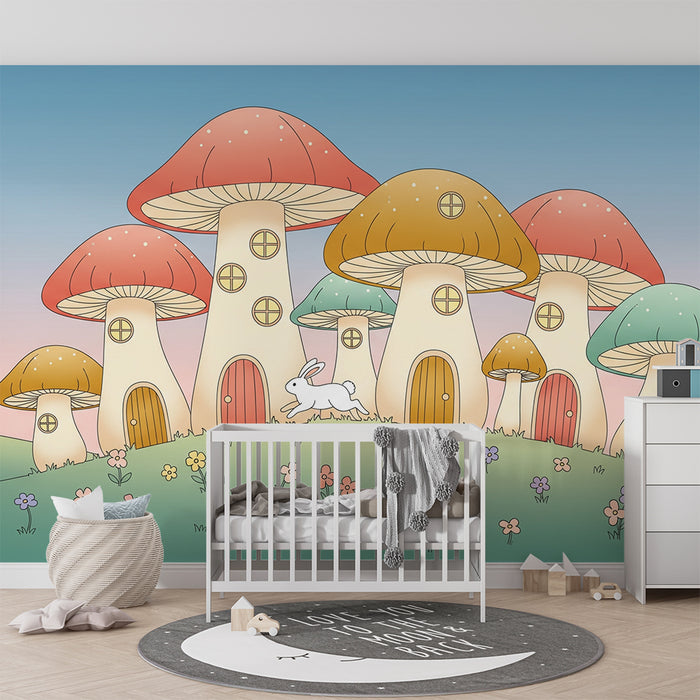 Papel pintado infantil | Casitas de setas coloradas con un conejo travieso