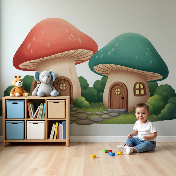 Kinderzimmer-Tapete | Bunte Pilzhäuser in einem verzauberten Garten