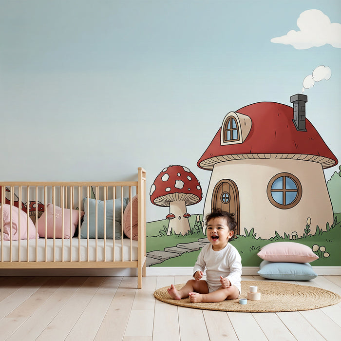 Papel pintado infantil | Casitas de setas en un paisaje de cuento