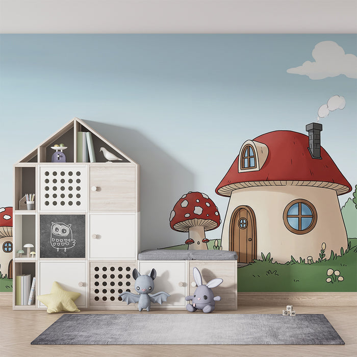 Papel pintado infantil | Casitas de setas en un paisaje de cuento