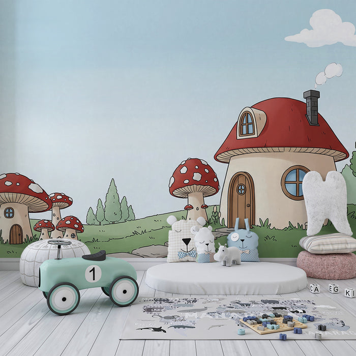 Papel pintado infantil | Casitas de setas en un paisaje de cuento