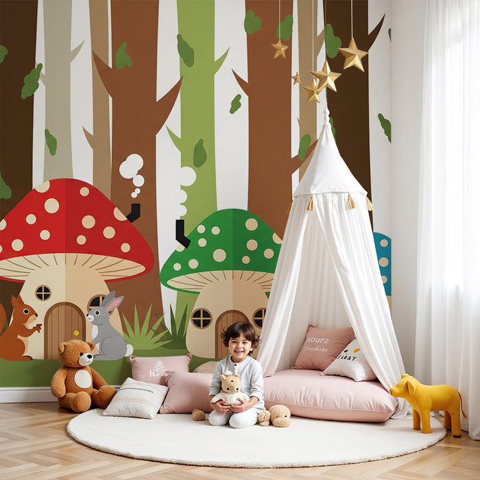 Papel pintado infantil | Casitas de setas coloridas en un bosque encantado