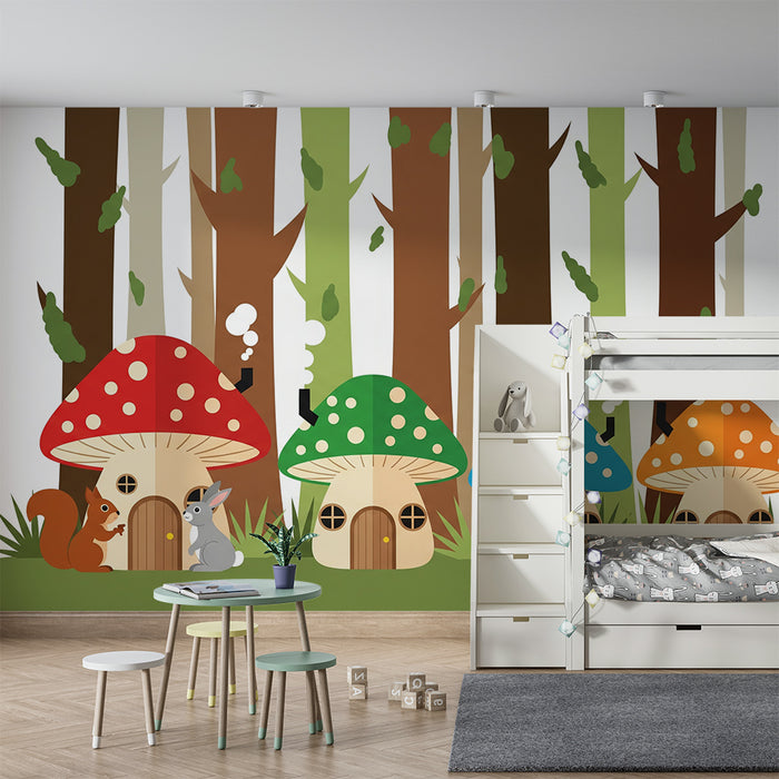 Papel pintado infantil | Casitas de setas coloridas en un bosque encantado