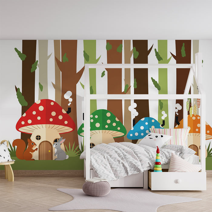 Papel pintado infantil | Casitas de setas coloridas en un bosque encantado