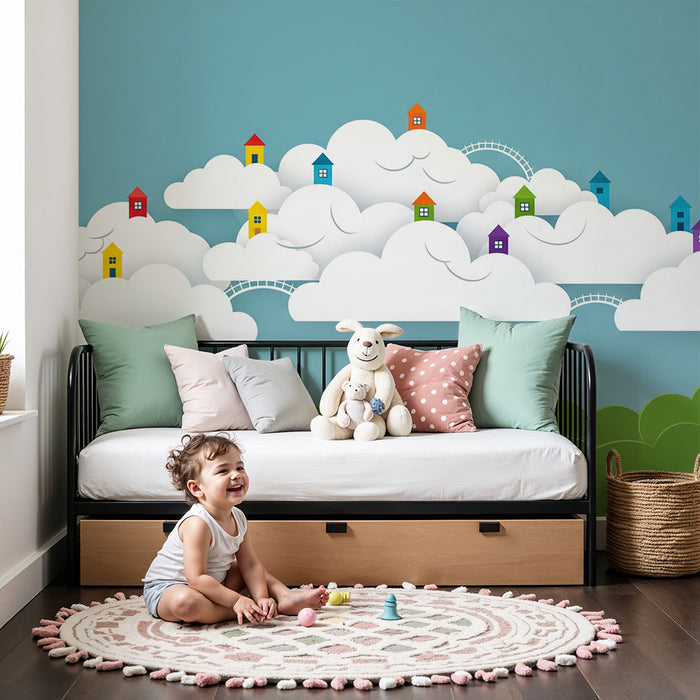 Kinderzimmer Tapete | Bunte Häuser in den Wolken auf blauem Grund