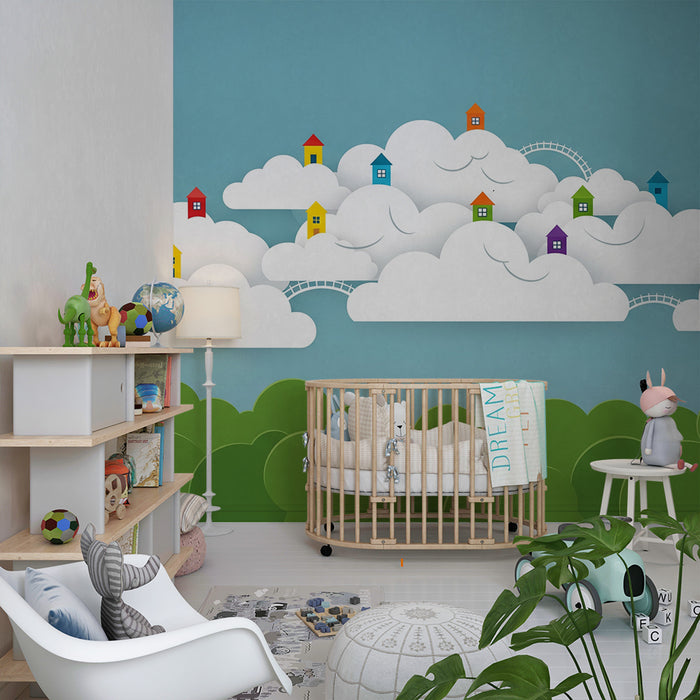 Kinderzimmer Tapete | Bunte Häuser in den Wolken auf blauem Grund