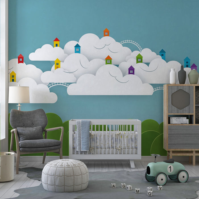 Kinderzimmer Tapete | Bunte Häuser in den Wolken auf blauem Grund