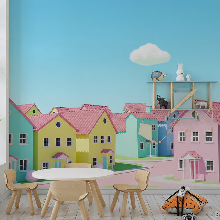 Barntapet | Färgglada hus i en solig landskap