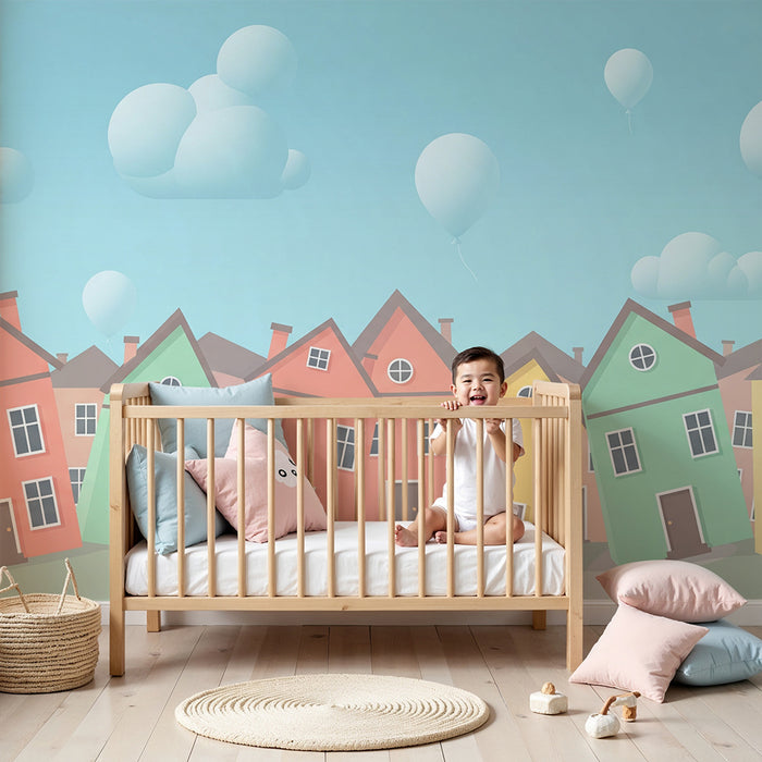 Kids room wallpaper | Colorful houses and balloons in a serene sky