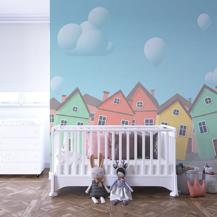 Kids room wallpaper | Colorful houses and balloons in a serene sky