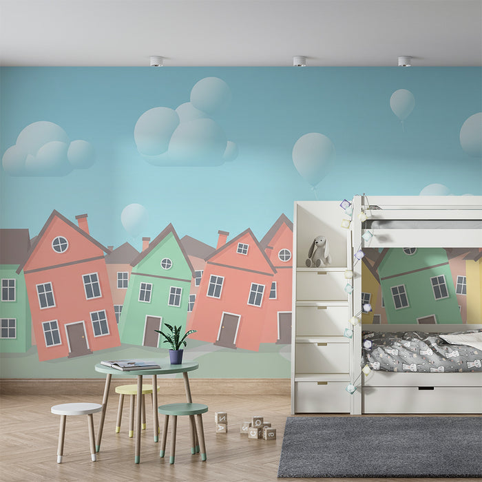 Kids room wallpaper | Colorful houses and balloons in a serene sky