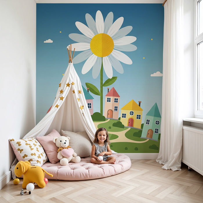 Barnrumstapet | Färgglada hus och jätteblomma på en grönskande kulle