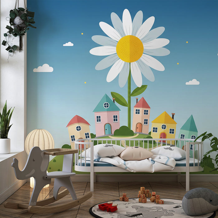Barnrumstapet | Färgglada hus och jätteblomma på en grönskande kulle