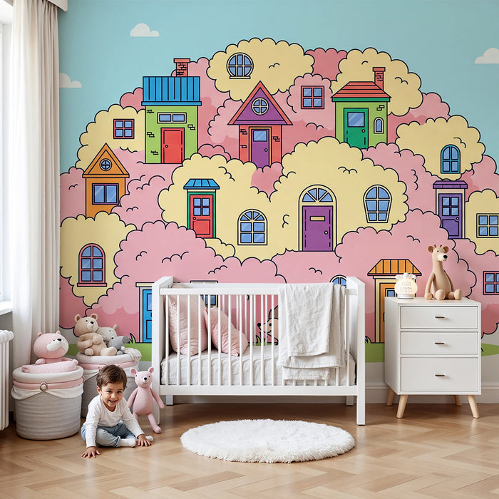 Kinderzimmer Tapete | Bunte Häuser und Igel in einer Märchenwelt