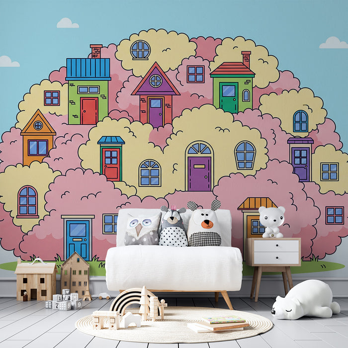 Kinderzimmer Tapete | Bunte Häuser und Igel in einer Märchenwelt