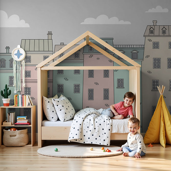 Kinderzimmer Tapete | Bunte Häuser und weiche Wolken