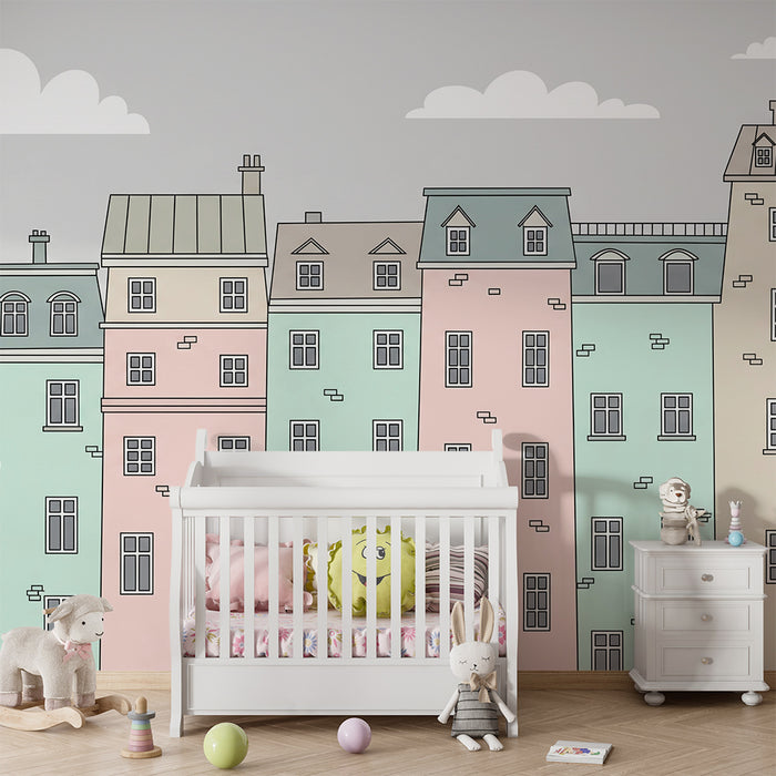 Kinderzimmer Tapete | Bunte Häuser und weiche Wolken