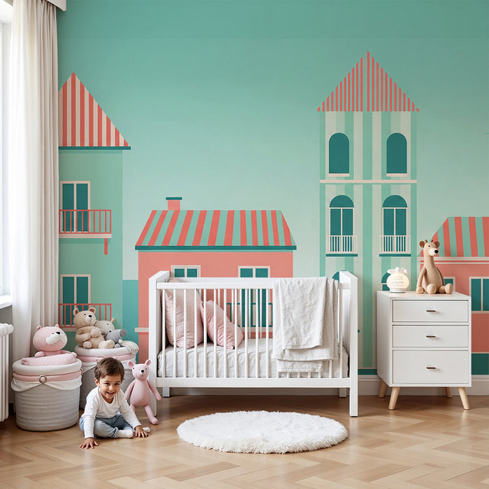 Kinderzimmer Tapete | Bunte Häuser und grafischer Stil für eine fröhliche Atmosphäre