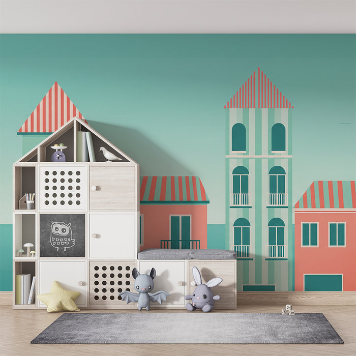 Kinderzimmer Tapete | Bunte Häuser und grafischer Stil für eine fröhliche Atmosphäre