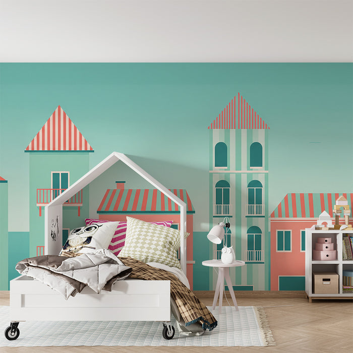 Kinderzimmer Tapete | Bunte Häuser und grafischer Stil für eine fröhliche Atmosphäre