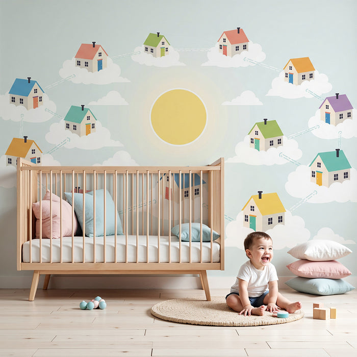 Children's room wallpaper | Colorful houses floating among clouds under the sun