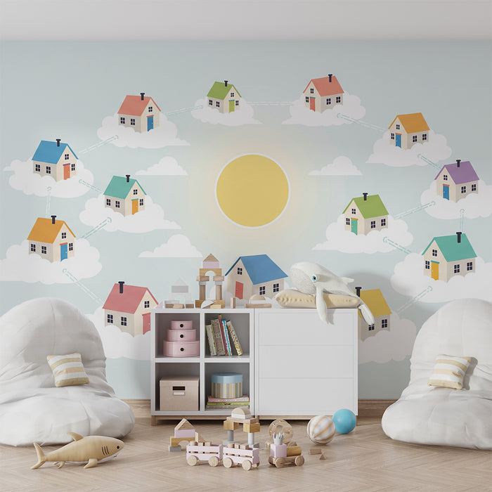 Children's room wallpaper | Colorful houses floating among clouds under the sun