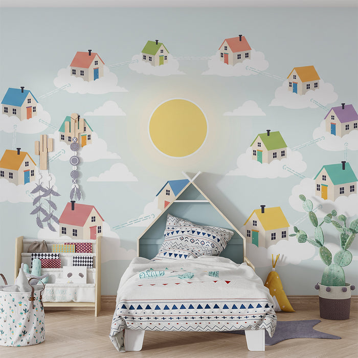 Children's room wallpaper | Colorful houses floating among clouds under the sun