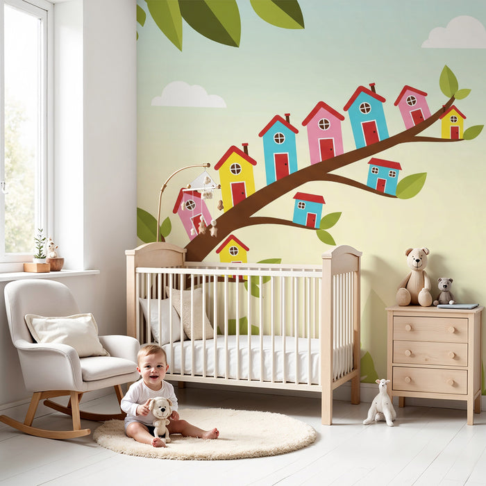 Children's room wallpaper | Colorful treehouse homes in a lush jungle