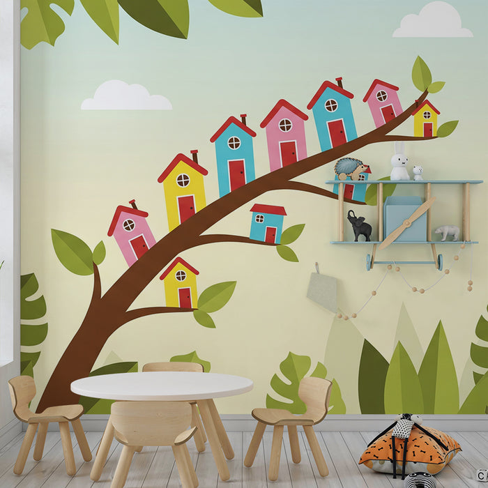 Children's room wallpaper | Colorful treehouse homes in a lush jungle