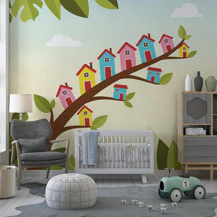 Children's room wallpaper | Colorful treehouse homes in a lush jungle