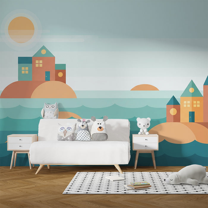 Behang kinderkamer | Kleurrijke huisjes op zee-eilandjes