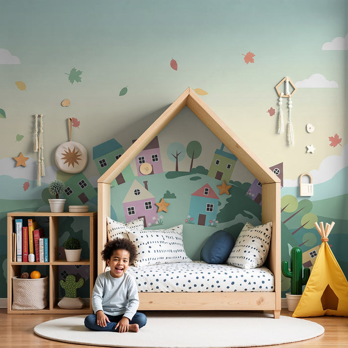 Kids room wallpaper | Värvilised majad rohelisel künkalt