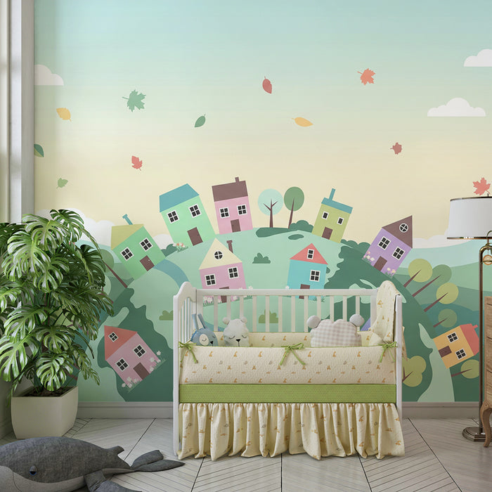 Kids room wallpaper | Värvilised majad rohelisel künkalt