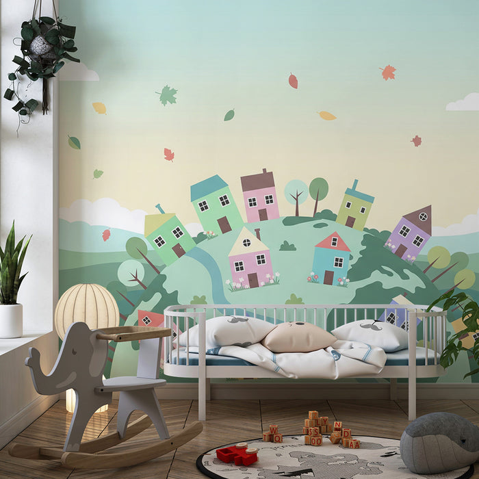 Kids room wallpaper | Värvilised majad rohelisel künkalt