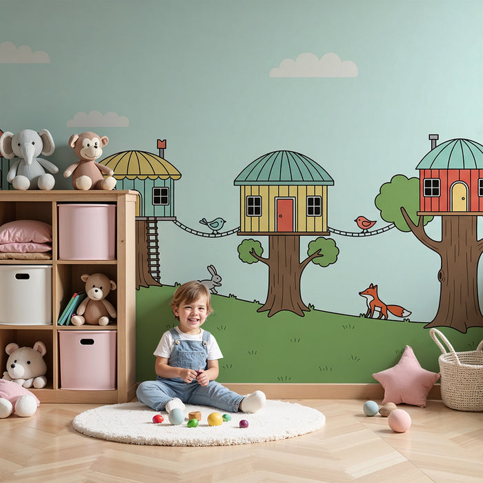 Kids' Room Wallpaper | Happy Animals in Treehouses