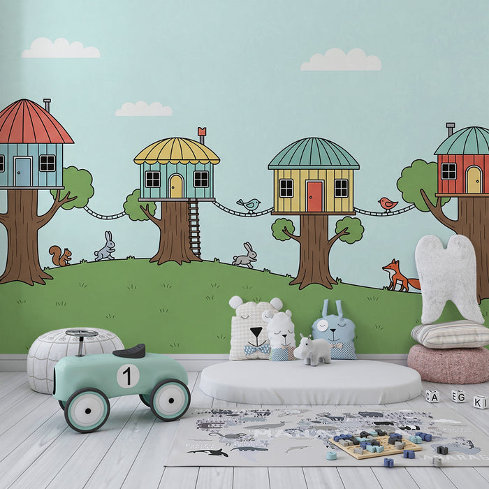 Kids' Room Wallpaper | Happy Animals in Treehouses