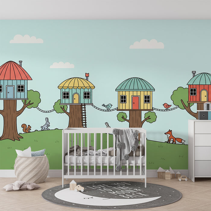 Kids' Room Wallpaper | Happy Animals in Treehouses