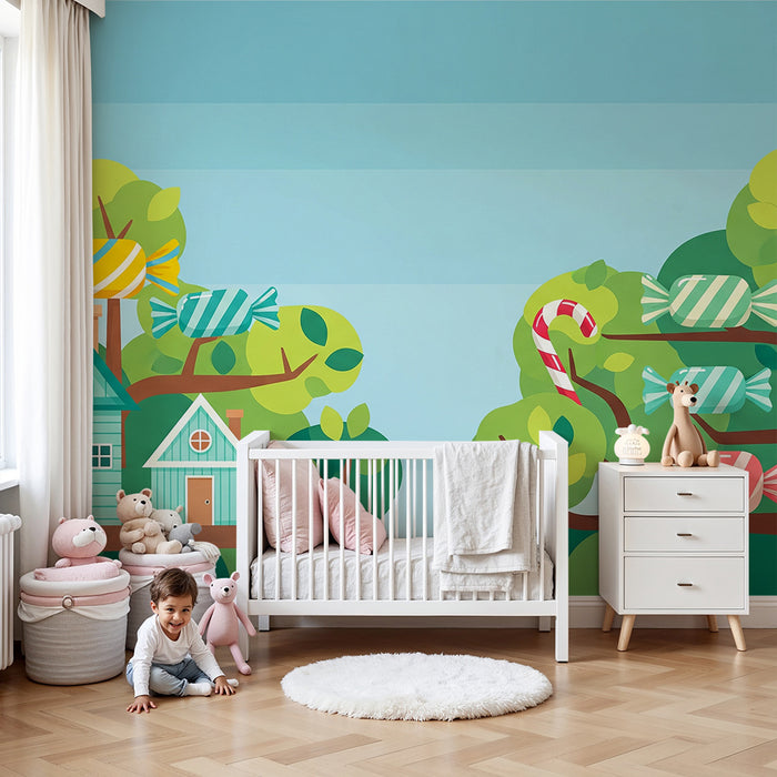 Kinderzimmer Tapete | Baumhäuser mit bunten Bonbons