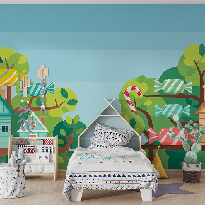 Kinderzimmer Tapete | Baumhäuser mit bunten Bonbons