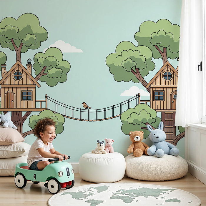 Kids' Room Wallpaper | Treehouses with Squirrels and Birds