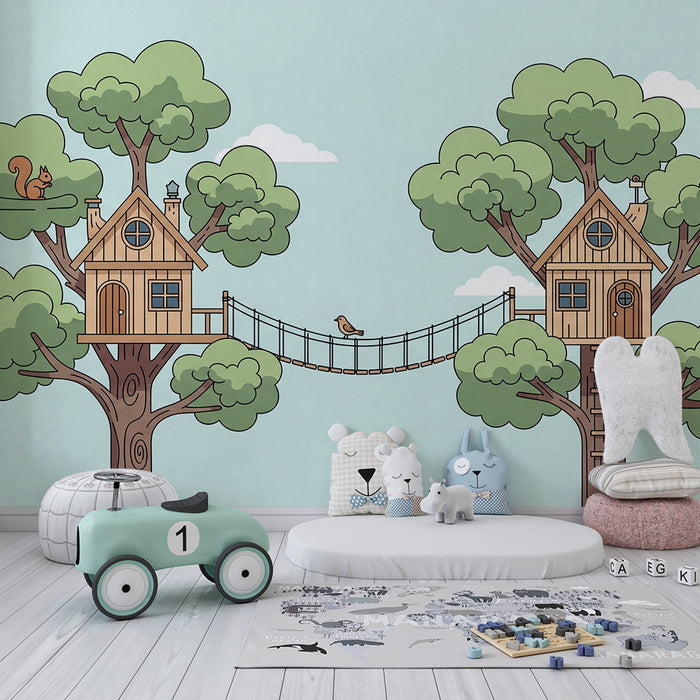 Kids' Room Wallpaper | Treehouses with Squirrels and Birds