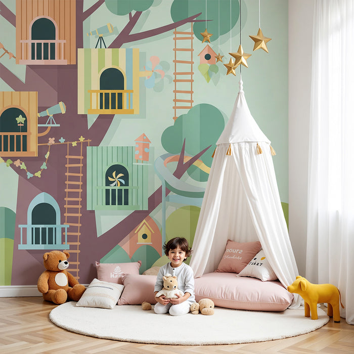 Papel pintado infantil | Casitas en los árboles con colores vivos y ambiente natural relajante