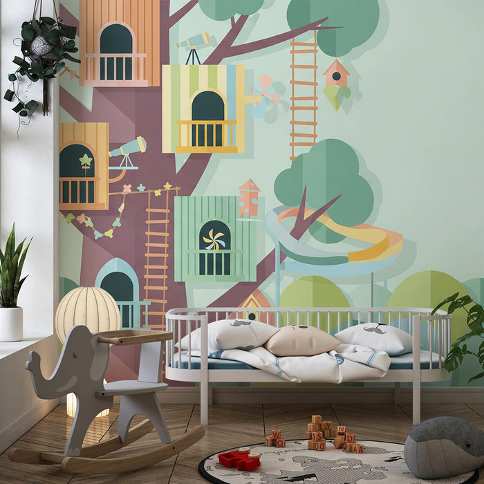 Papel pintado infantil | Casitas en los árboles con colores vivos y ambiente natural relajante