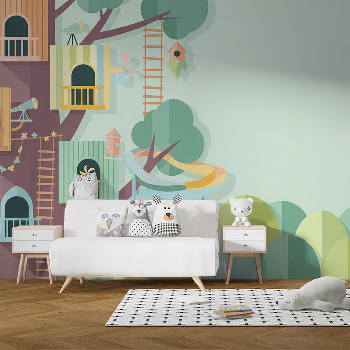 Papel pintado infantil | Casitas en los árboles con colores vivos y ambiente natural relajante