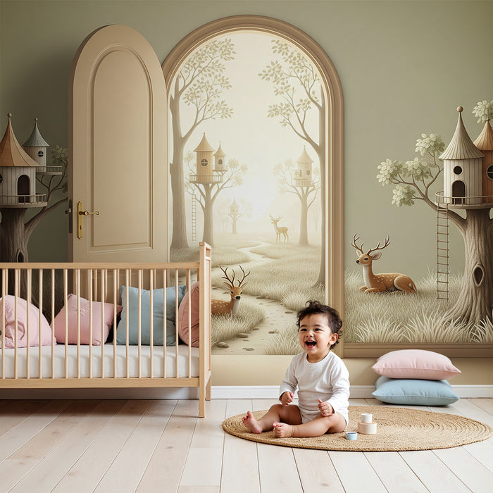 Papier peint chambre enfant | Maisons dans les arbres et faune douce dans un paysage enchanteur