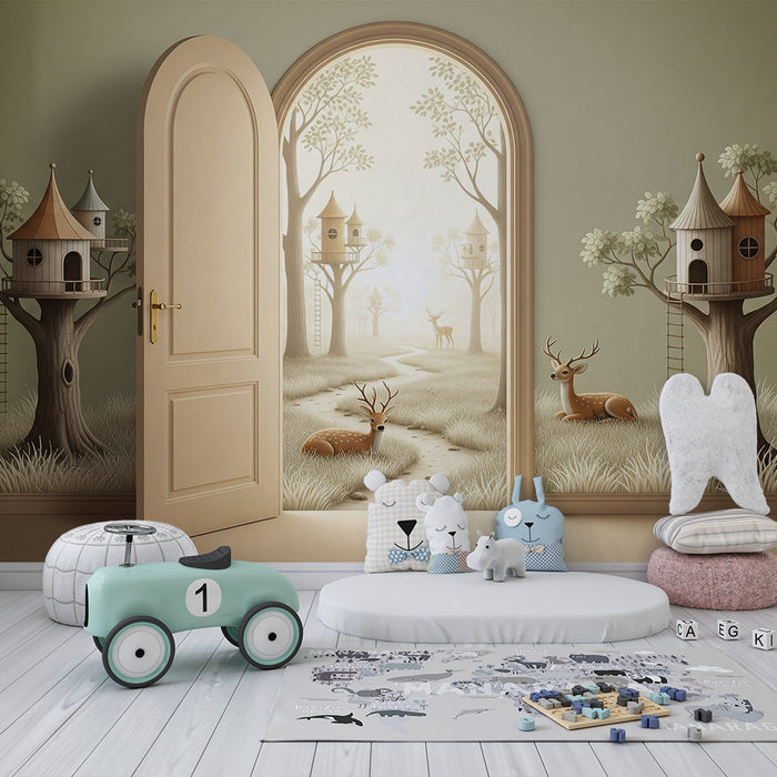 Papier peint chambre enfant | Maisons dans les arbres et faune douce dans un paysage enchanteur