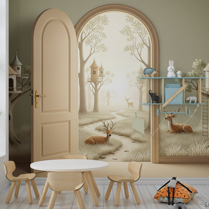Papier peint chambre enfant | Maisons dans les arbres et faune douce dans un paysage enchanteur