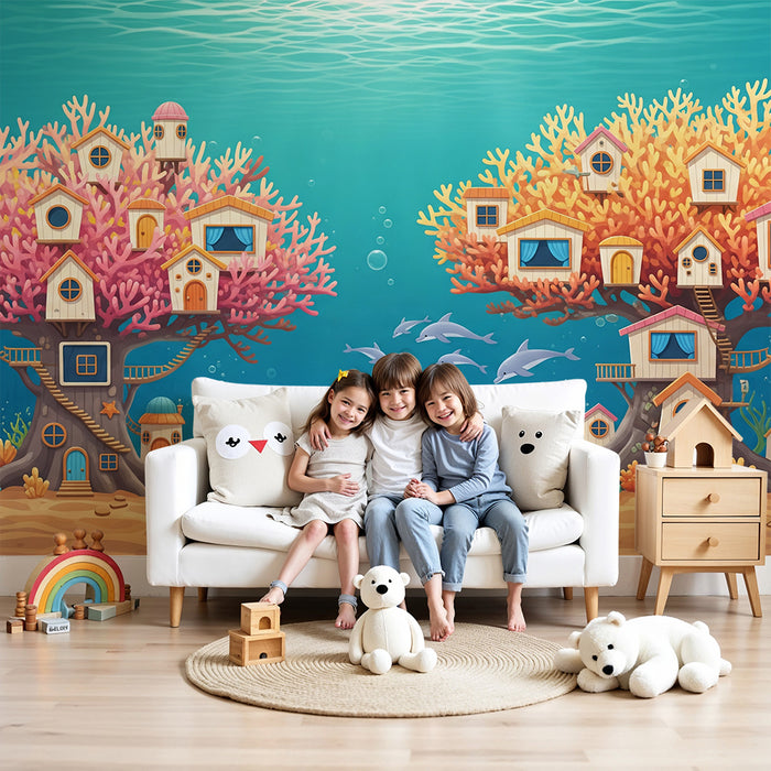 Kids' Room Wallpaper | Underwater Coral Houses with Dolphins